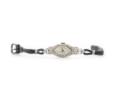 BENSON,  ART DECO DIAMOND COCKTAIL WATCH, the hexagonal dial with numbers in black in a surround of round brilliant cut diamo