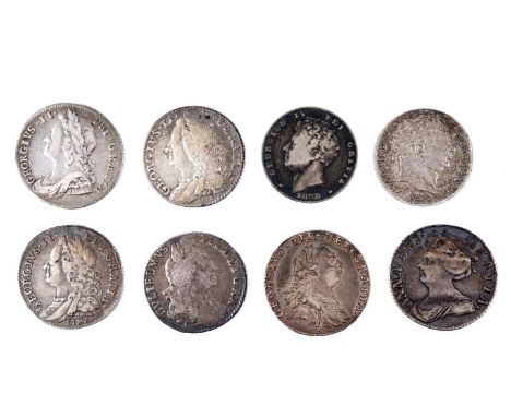 A selection of sixpences, comprising: William III 1696, Chester min, S 3522C; Queen Anne 1707, S 3623; George II 1728, S 3707