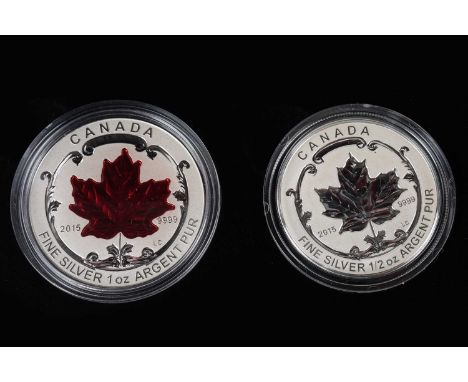 A Canadian Mint fine silver five-coin Fractional set, The Maple Leaf, 2015, with certificate, case and outer box; and a First