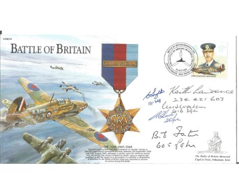 Five Battle of Britain fighter pilots signed 2001 BOB cover The 1939-1945 Star. Includes E Smythe, Keith Lawrence, W Walker, 
