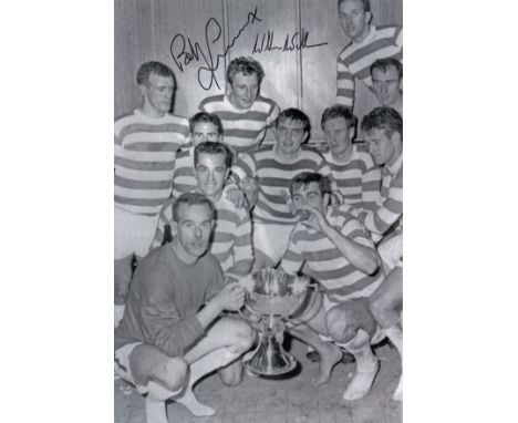 Autographed Celtic 12 X 8 Photo - B/W, Depicting Celtic Players Celebrating With The League Cup In The Dressing Room After A 