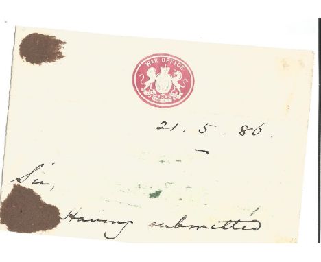 Garnet Wolseley signature piece on War Office paper dated 21. 5. 1886. Field Marshal Garnet Joseph Wolseley, 1st Viscount Wol