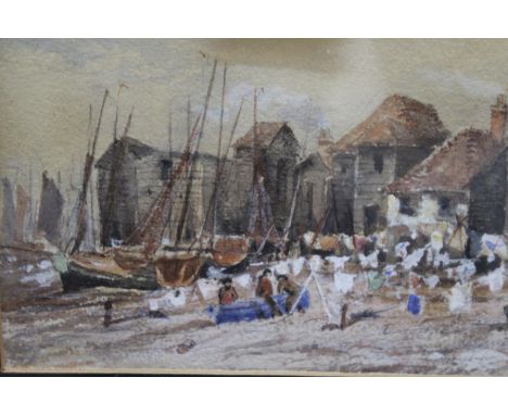 Attributed verso to E. H. B. Sawbridge watercolour, Hastings beach, 11x 16cm, gilt framed, together with a small charcoal ske