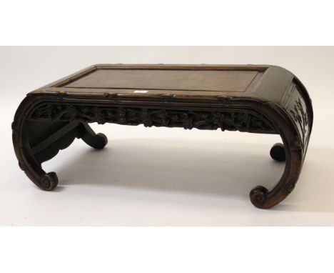 Antique Chinese opium table having carved prunus blossom frieze with panelled scroll end supports, 33cm high x 90cm long x 43