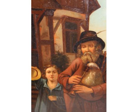 Oil on metal panel, portrait of a bagpiper with a child, 21 x 16cm 