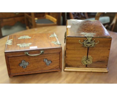 20th Century Chinese hardwood travel dressing box, the lid fitted with a mirror above two marble inset doors, together with a
