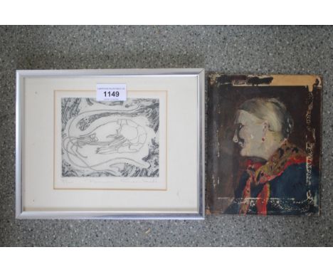 Three small artist signed Limited Edition prints, together with a small oil on card, portrait of a lady 