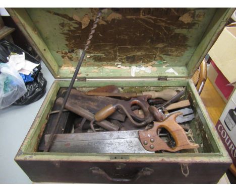 Oak tool box containing various carpenters tools 