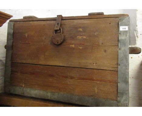 19th Century rectangular stained pine trunk, with hinged cover and wooden side handles, 79 x 59 x 52cm 