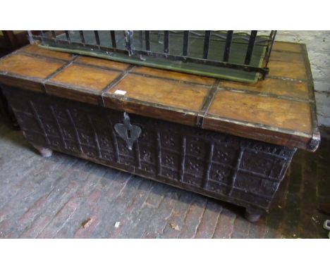 Indian Rajasthan teak and iron bound trunk, 130cm wide x 82cm deep x 54cm tallSome chips to paint on the iron metalwork.Missi