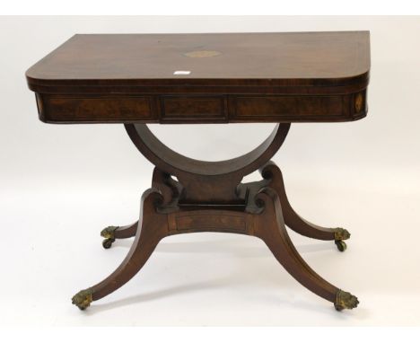 George III mahogany rosewood crossbanded and inlaid 'D' shaped card table , the foldover top with baize lined interior on a s