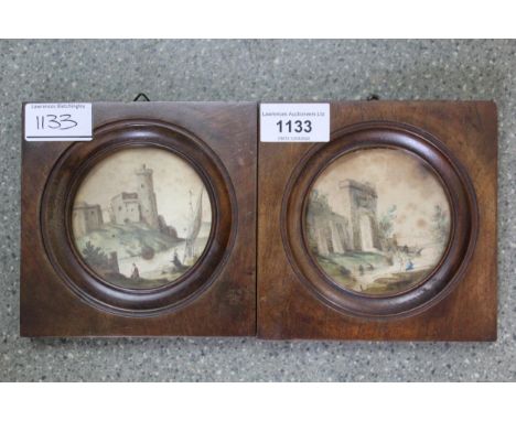 Pair of 19th Century circular miniature watercolours, river landscapes, signed with initials M. N.?, 8cm diameter, housed in 