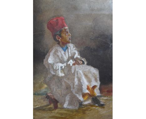 19th Century watercolour and bodycolour, portrait of a seated Eastern boy, label verso ' John Frederick Lewis ', 12 x 10cm 