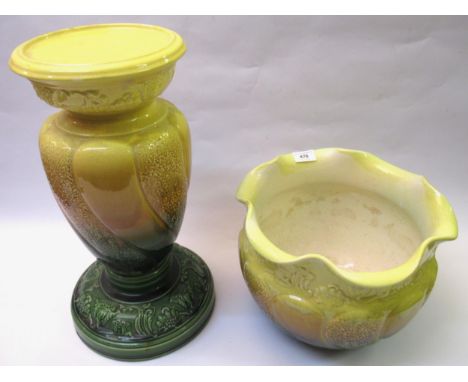 Melbourne pottery jardiniere and stand, 67cm high together with a Grimwades floral decorated jug and bowl and a Victorian pot