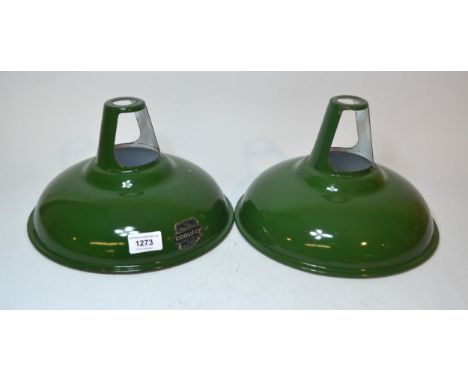 Pair of green enamel ' Coolicon ' hanging lamps, 28cm diameter 
