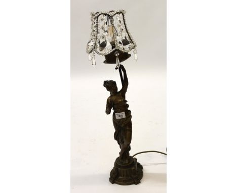 Brown patinated spelter figural table lamp with glass shade, 64cm high 