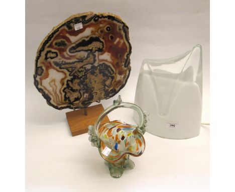 Modern glass table lamp, specimen hardstone plaque on stand and an ' end of day ' glass basket 