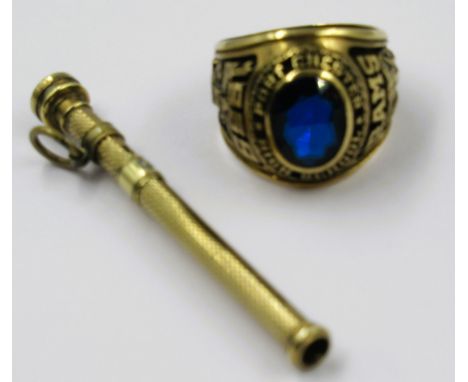 Yellow metal ring set with an oval blue stone, inscribed to the setting ' Port Chester High School Rams ', together with a go