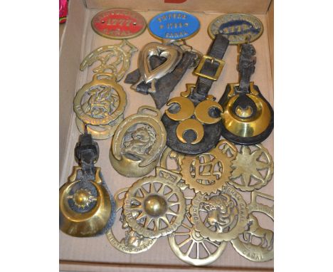 Quantity of canal horse brasses, together with three enamel canal plaques 