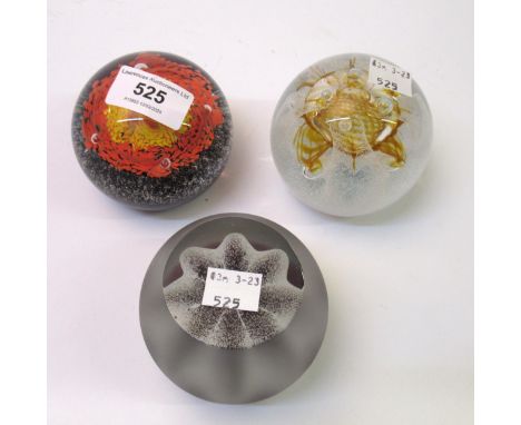 Group of three Caithness glass paperweights, ' Sunflare ', ' Congratulations ' and '  Ice Blossom ' 