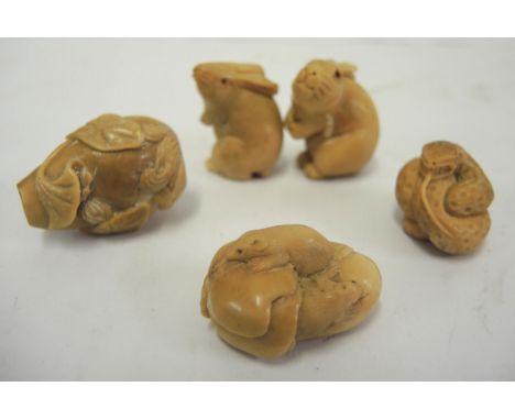 Carved netsuke in the form of two rats, together with four other carved figures of animals and a vase 