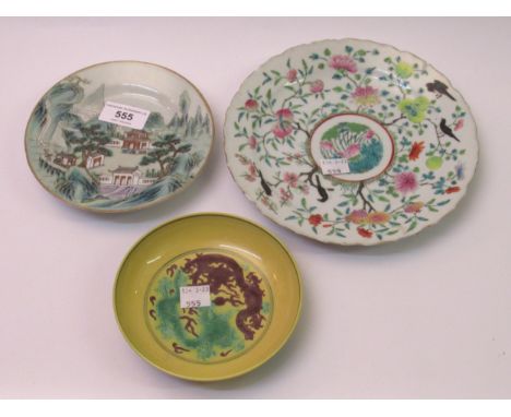 Small Chinese circular dish, decorated with dragons, having six character mark to base, together with two other enamel decora