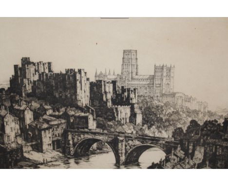 Kenneth Steel signed etching, Durham cathedral and castle, 30 x 35cm, framed 