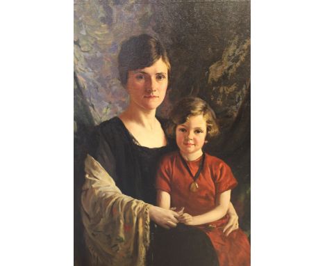 Leo Whelan, oil on canvas, three quarter length portrait of a mother and child before a curtain (Mrs Waterhouse with her daug
