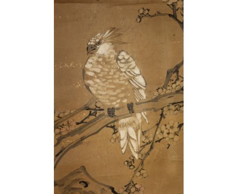 Chinese scroll picture, watercolour of birds in blossom (paper at fault) 