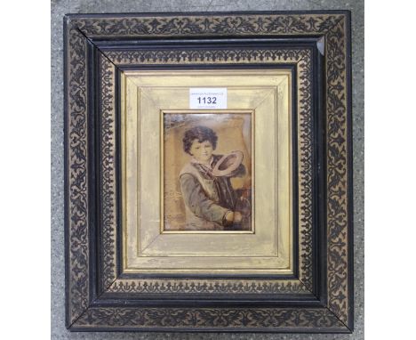 Small cristoleum portrait of a boy in ornate frame, together with three other small frames, and a larger frame (at fault) 