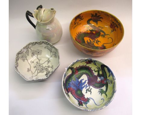 Two Frederick Rhead dragon decorated bowls, a formosa bowl and a Cosy lustre decorated jug with cover 