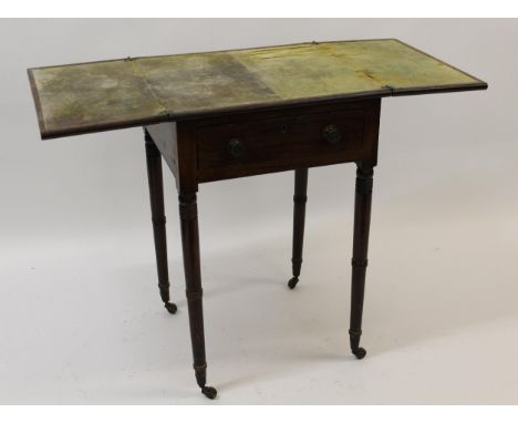 Unusual Regency mahogany writing / work table, the bi-fold top above a single frieze drawer with black line inlay and origina