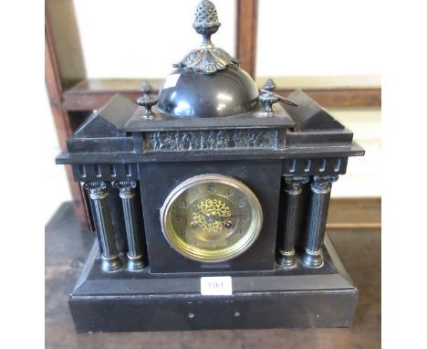 19th Century French black slate two train mantel clock, together with a 19th Century French walnut and ebonised mantel, two t