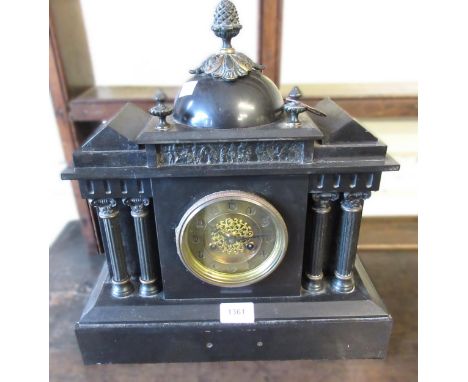 19th Century French black slate two train mantel clock, together with a 19th Century French walnut and ebonised mantel, two t