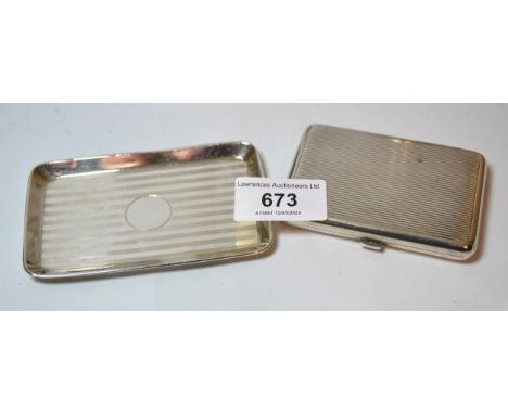 Miniature rectangular silver trinket dish and a silver cigarette case, 4.5oz t 