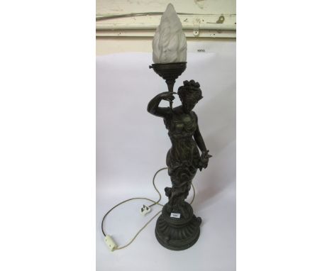 Brown patinated spelter figural table lamp, with frosted glass torch shade, 89cm high 