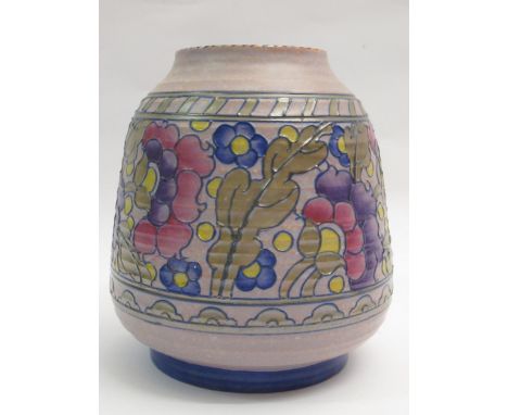 Crown Ducal Charlotte Rhead baluster form vase with a stylised floral design on a mottled ground, 18cm high 