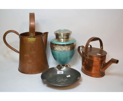 Copper jug, copper watering can, an Art Nouveau pewter dish and a chrome and enamel urn 