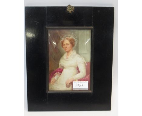 Watercolour, portrait miniature on porcelain panel of a seated lady, signed Lesley Johnson, mounted in an ebonised frame, 15 