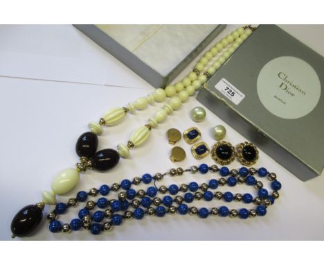 Four pairs of Christian Dior clip-on earrings, together with a Dior necklace and a blue Celine necklaceThe cream necklace and