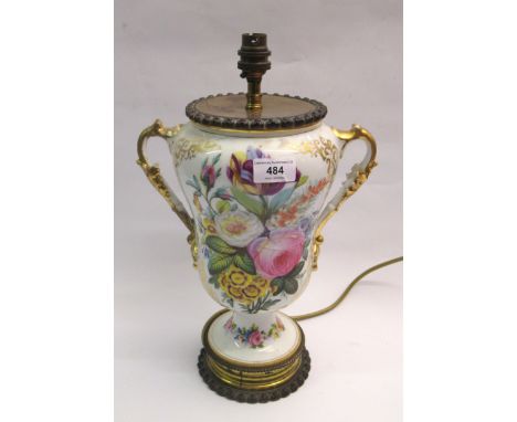 French porcelain two handled floral decorated baluster form table lamp base, with gilt metal mounts, 40cm high 