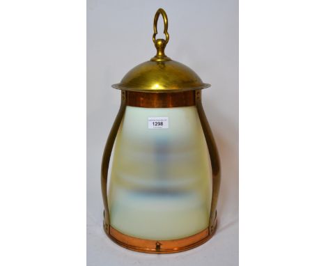 Early 20th Century, Art Nouveau brass hall lantern, having vaseline glass shade, 48cm highappears in good condition - no dent
