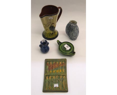 Brannam for Liberty green glazed pottery oil lamp, and a small Brannam blue glazed vase, two further West Country pieces and 