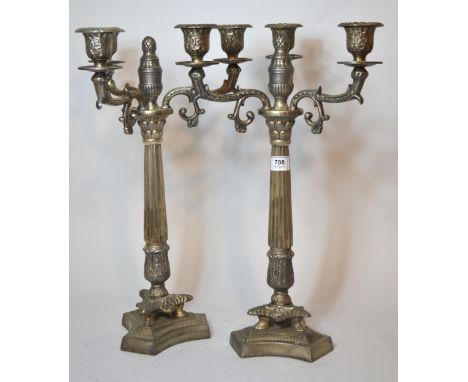 Pair of plated three light candelabra 