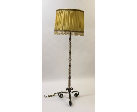 20th Century Venetian glass and metal standard lamp with yellow silk shade (at fault), 183cm high 