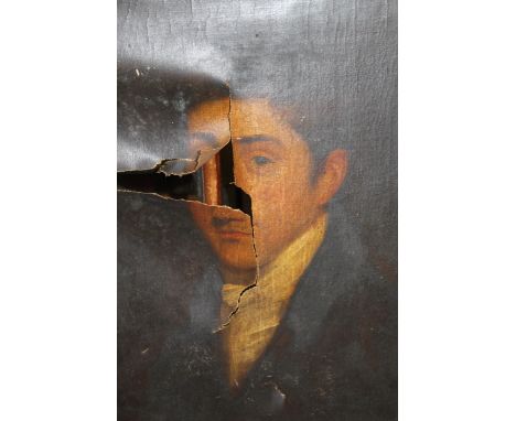 19th Century, oil on canvas, head and shoulder portrait of a gentleman (extensive damage), 74 x 61cm. gilt framed 