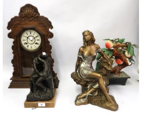 Bronze patinated resin figural group ' The Kiss ', another of a seated female, a mantel clock and a model bonsai peach tree 