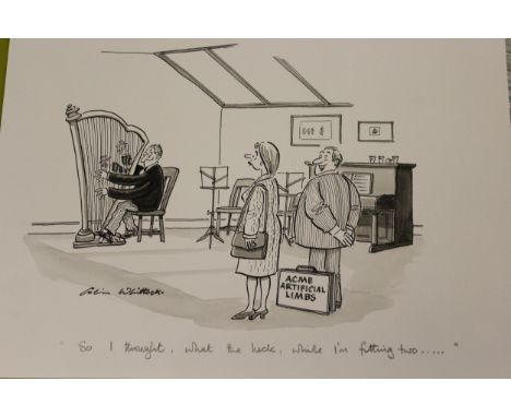 Colin Whittock, pen and wash caricature sketch, signed, inscribed ' So I Thought What the Heck While I'm Fitting Two ', unfra
