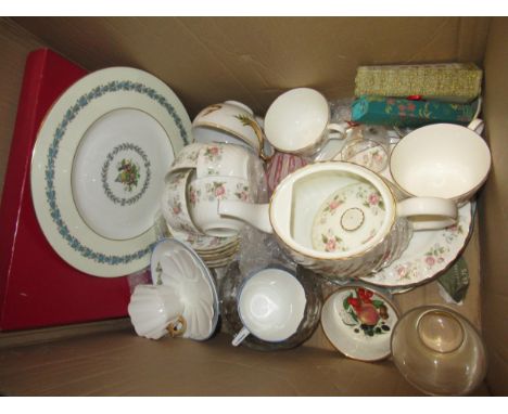 Three boxes containing a quantity of various porcelain including Royal Worcester and Minton floral decorated teaware etc. 
