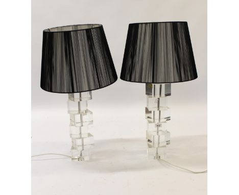 Pair of 20th Century Jackie Moore glass designer table lamp bases, having black shades, 73cm high (one at fault) 